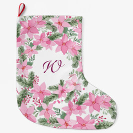 Meia De Natal Grande Poinsettia Rosa Monograma Inicial