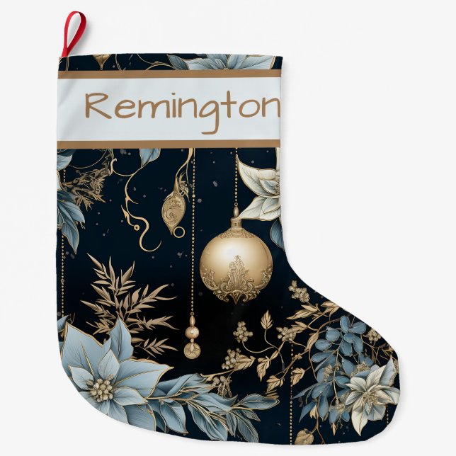 Meia De Natal Grande Poinsettias de Enfeites de natal azuis e Dourados (Frente)