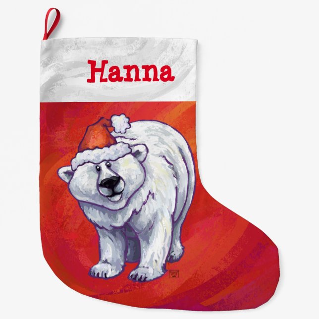 Meia De Natal Grande Polar Bear Natal Em Vermelho (Frente)