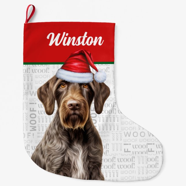 Meia De Natal Grande Ponteiro Wirehaired de Natal Alemão com o Nome Woo (Frente)