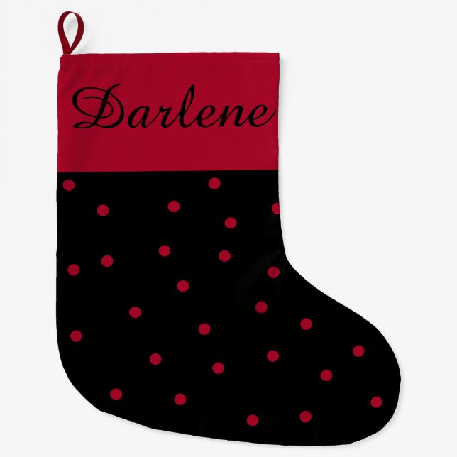 Meia De Natal Grande Ponto Vermelho e Preto: (Frente)