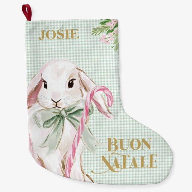 Meia De Natal Grande Preppy Bunny & Green Gingham Buon Natale (Frente)