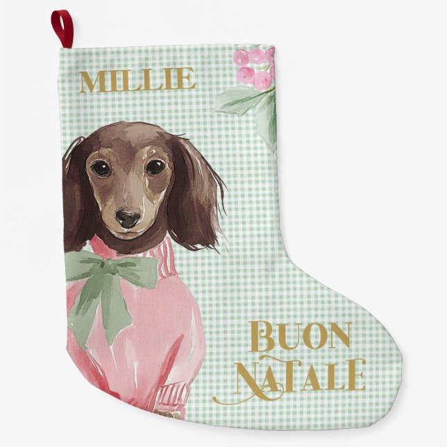 Meia De Natal Grande Preppy Dachshund & Green Gingham Buon Natale (Frente)