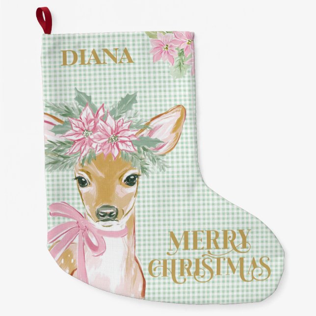 Meia De Natal Grande Preppy Deer & Green Gingham  (Frente)