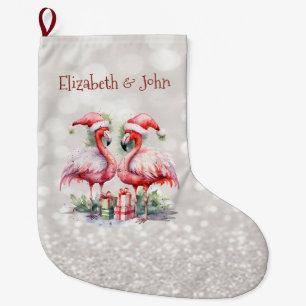 Meia De Natal Grande Presentes de Chapéu de Papai Noel Flamingos Rosa B