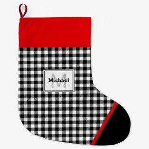 Meia De Natal Grande Preto e Branco Xadrez com Corte Monograma