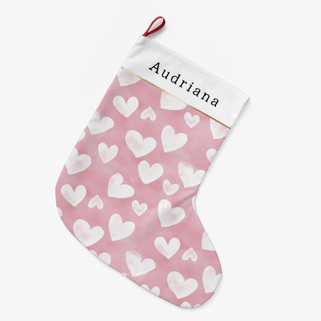 Meia De Natal Grande Pretty White Pink Hearts Christmas (Frente (Pendurada))