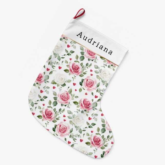 Meia De Natal Grande Pretty White Pink Hearts Roses Floral Christmas (Frente (Pendurada))