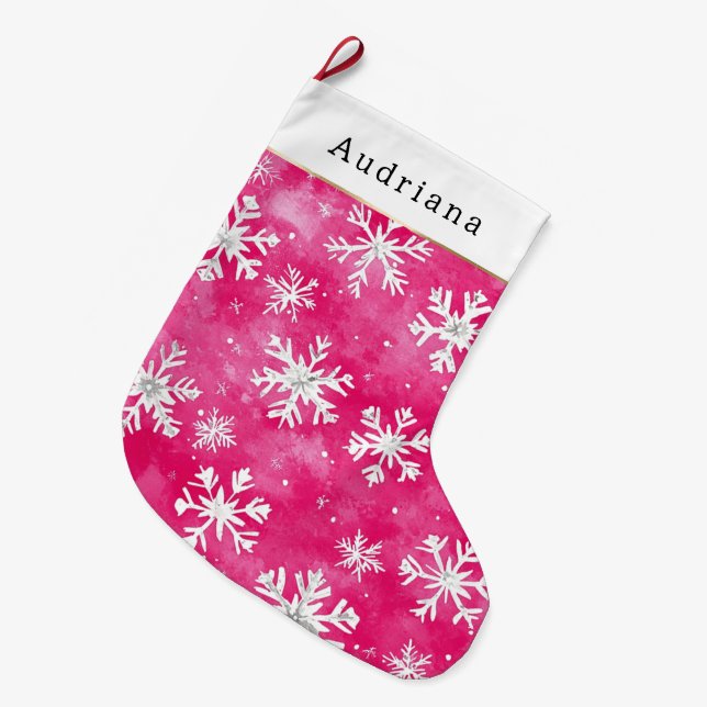 Meia De Natal Grande Pretty White Pink Silver Snowflakes Christmas (Frente (Pendurada))