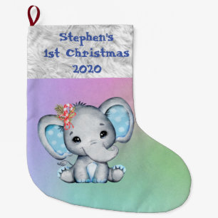 Meia De Natal Grande Primeiro Natal do Bebê Elefante Azul