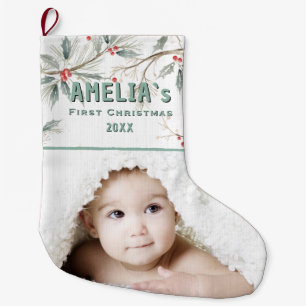 Meia De Natal Grande Primeiro Natal do Bebê Personalizado com Foto de F