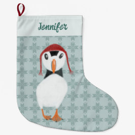 Meia De Natal Grande Puffin no Chapéu de inverno personalizado