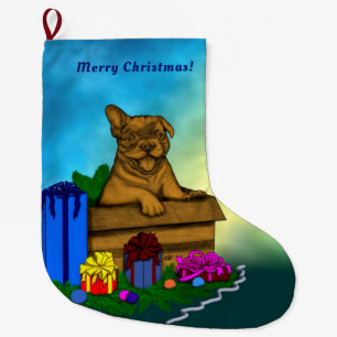 Meia De Natal Grande Puppy em uma caixa, Merry Xmas