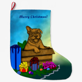 Meia De Natal Grande Puppy em uma caixa, Merry Xmas