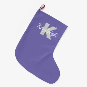 Meia De Natal Grande Purple Silver Glitter - letra K