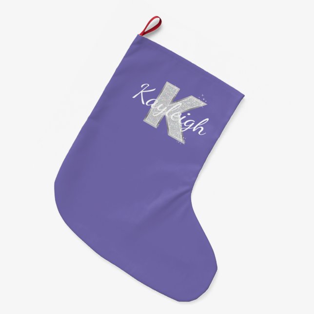 Meia De Natal Grande Purple Silver Glitter - letra K (Frente (Pendurada))