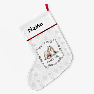 Meia De Natal Grande Rapariga da mamãe Shih Tzu (branca-tan) Cachorro M