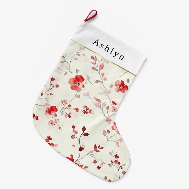 Meia De Natal Grande Red Cream White Floral Christmas   (Frente (Pendurada))