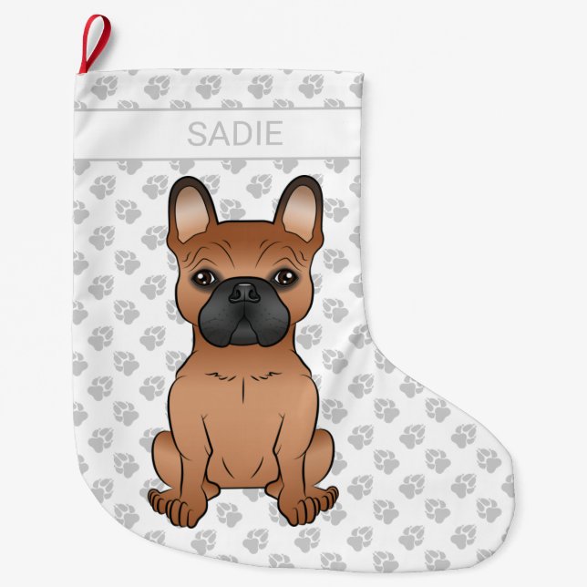 Meia De Natal Grande Red French Bulddog / Frenchie Cartoon Dog & Name (Frente)