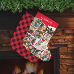Meia De Natal Grande Red Name Photo Collage Large Christmas Stocking<br><div class="desc">Personalized christmas stocking featuring a traditional red background that can be changed to any color,  a 15 photo collage for you to replace with your own pictures,  and the persons name. On the reverse is a traditional festive plaid tartan pattern.</div>