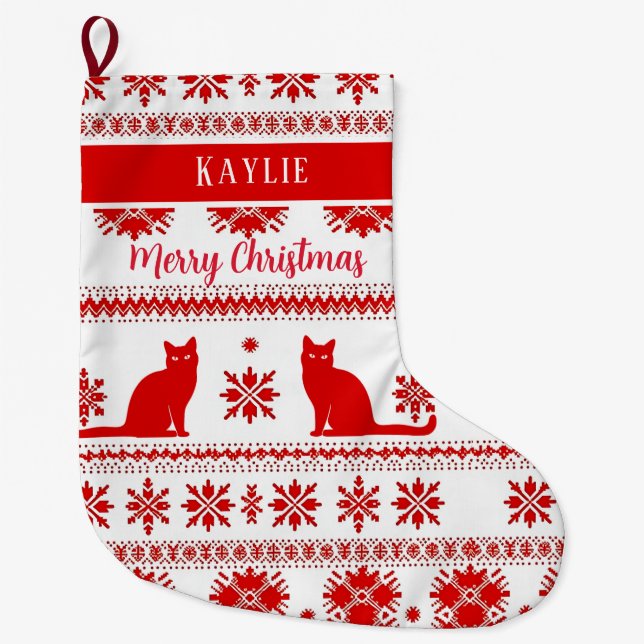 Meia De Natal Grande Red Nordic Cat Pattern Christmas (Frente)