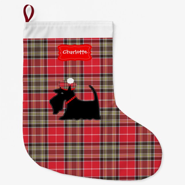 Meia De Natal Grande Red Tartan Xadrez Padrão escocês Terrier Cão (Frente)