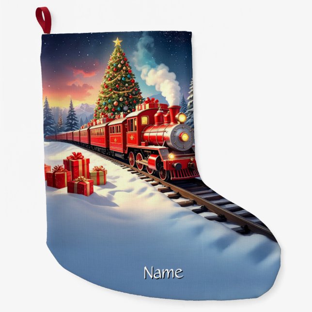 Meia De Natal Grande Red Train Christmas Tree Holiday Stocking (Frente)