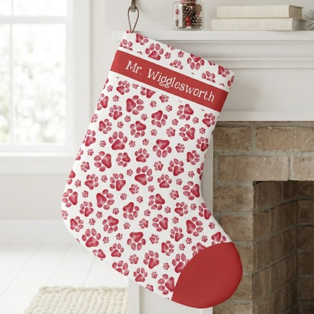 Meia De Natal Grande Red Watercolor Paw Print Pattern (Red watercolor paw print Christmas stocking — festive holiday gift idea for an animal lover.)