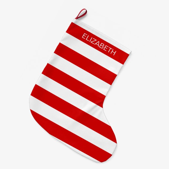 Meia De Natal Grande Red Wht Horizontal Preppy Stripe #3 Nome Monograma (Frente (Pendurada))