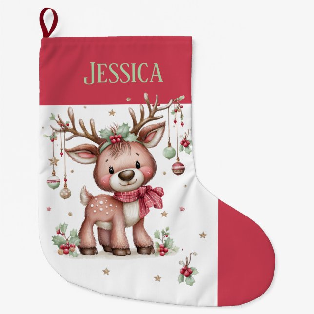 Meia De Natal Grande Reindeer Cute Personalizado (Frente)