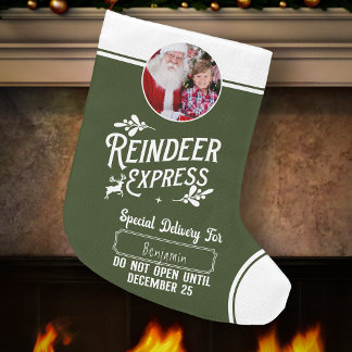 Meia De Natal Grande Reindeer Express do Papai noel Name & Photo Green