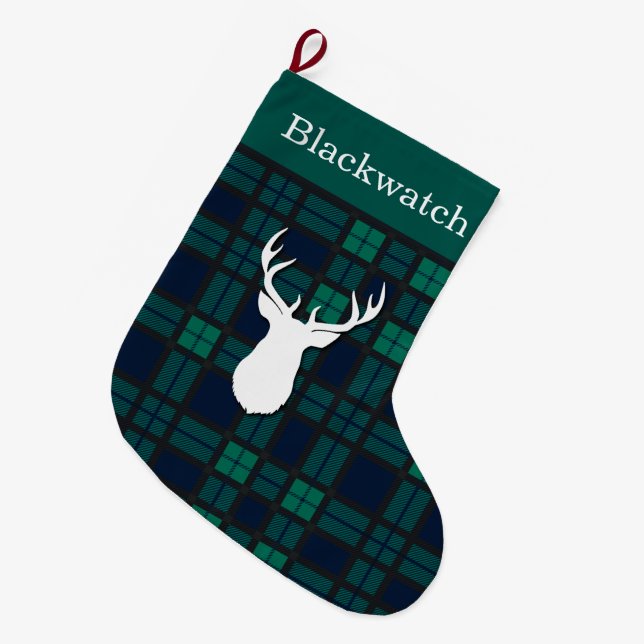 Meia De Natal Grande Relógio Verde Personalizado Tartan Deer (Frente (Pendurada))