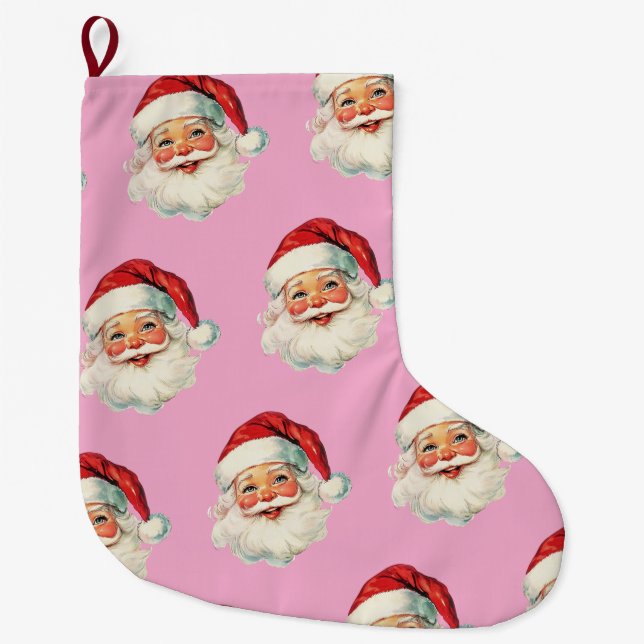 Meia De Natal Grande Retro Santa Face Christmas Pink (Frente)