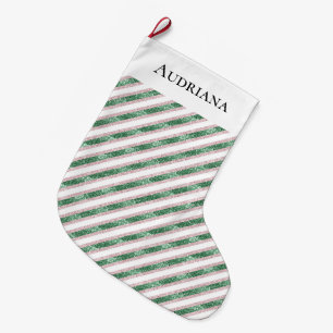 Meia De Natal Grande Rosa Bege Verde Glitter Listras Natal
