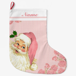 Meia De Natal Grande Rosas de Papai Noel Vitoriano Vintage Rosa