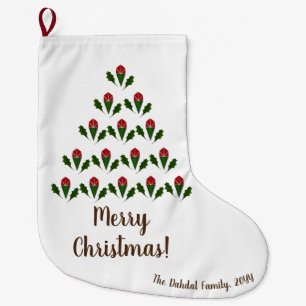 Meia De Natal Grande Rosas vermelhas vibrantes, Árvore de Natal Holly e