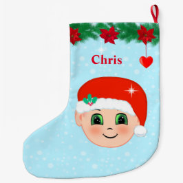 Meia De Natal Grande Rosto de bebê de Natal, corações, poinsétia e pinh