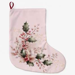 Meia De Natal Grande Roxo Bege Azevinho e Frutas