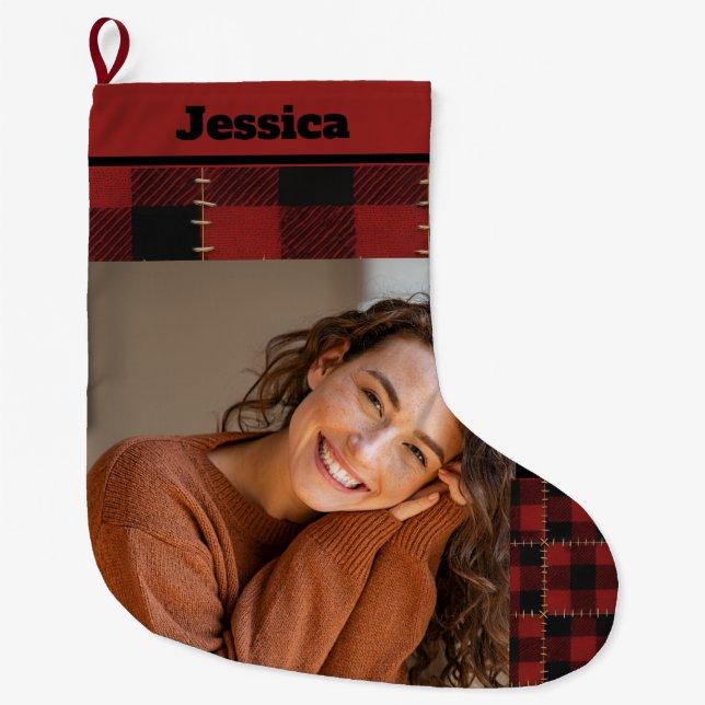 Meia De Natal Grande Rustic Buffalo Plaid Custom Name and Photo  (Frente)