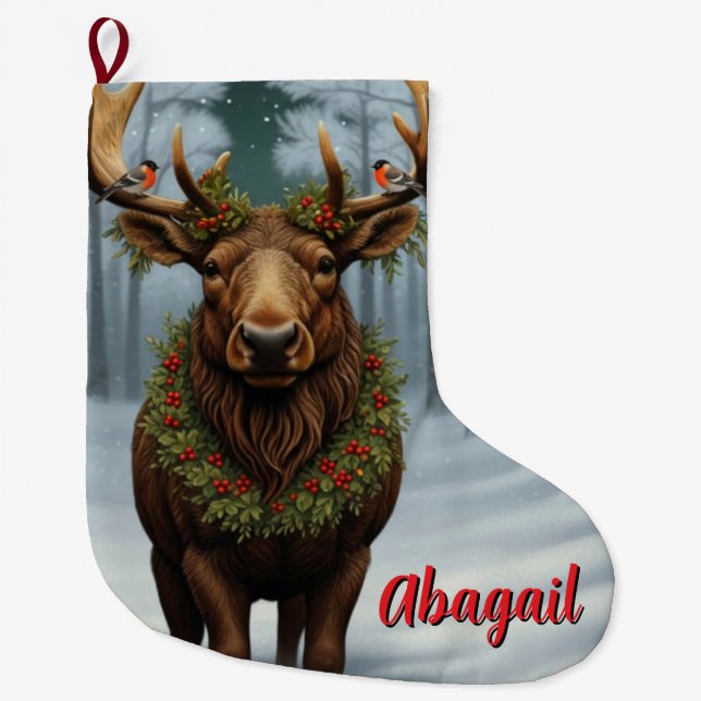 Meia De Natal Grande Rustic Christmas moose winter woodland forest  (Frente)