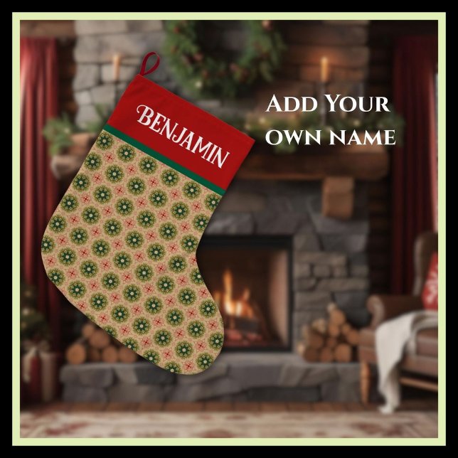 Meia De Natal Grande Rustic Green Pine Needles and Red Lace (Criador carregado)