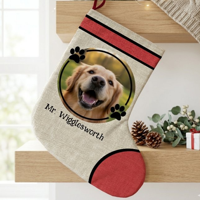 Meia De Natal Grande Rustic Paw Print Red Burlap Photo (Holiday dog lover Christmas stocking)