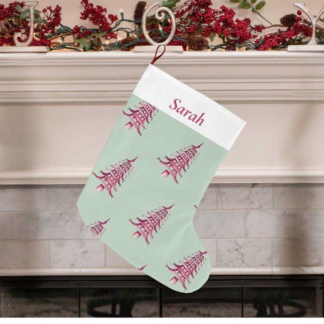 Meia De Natal Grande Sage red Christmas Pagoda Tree (Sage red Christmas Pagoda Tree pattern Large Christmas Stocking)
