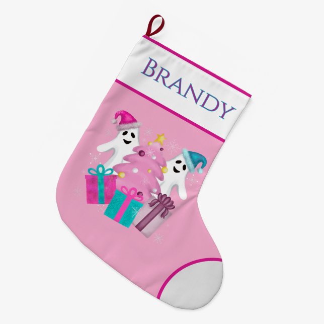 Meia De Natal Grande Santa Hat Ghosts Christmas Tree spooky  (Frente (Pendurada))