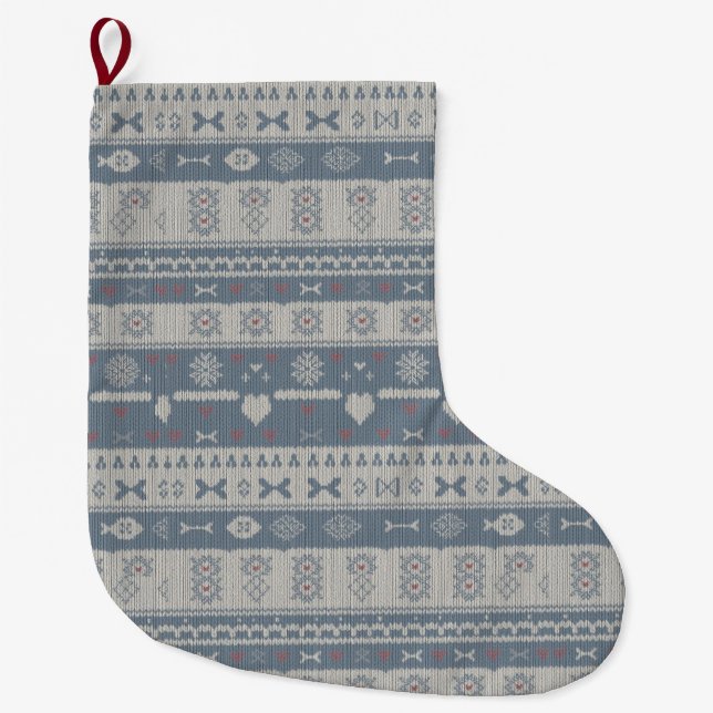 Meia De Natal Grande Scandinavian Knit Pet Stocking with Snowflakes (Frente)