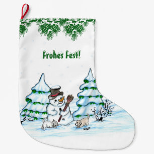 Meia De Natal Grande Schneemann mit Katze und Hundewelpe auf Deutsch