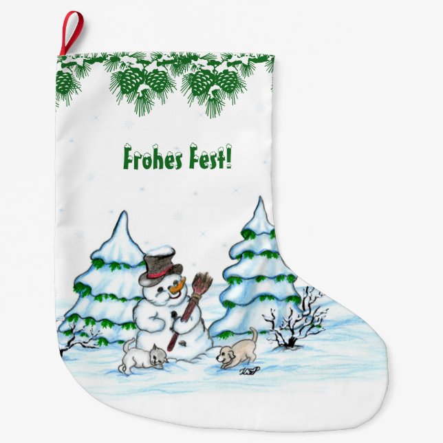Meia De Natal Grande Schneemann mit Katze und Hundewelpe auf Deutsch (Frente)