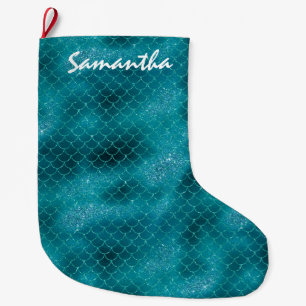 Meia De Natal Grande Sereia Teal Sparkle personalizada