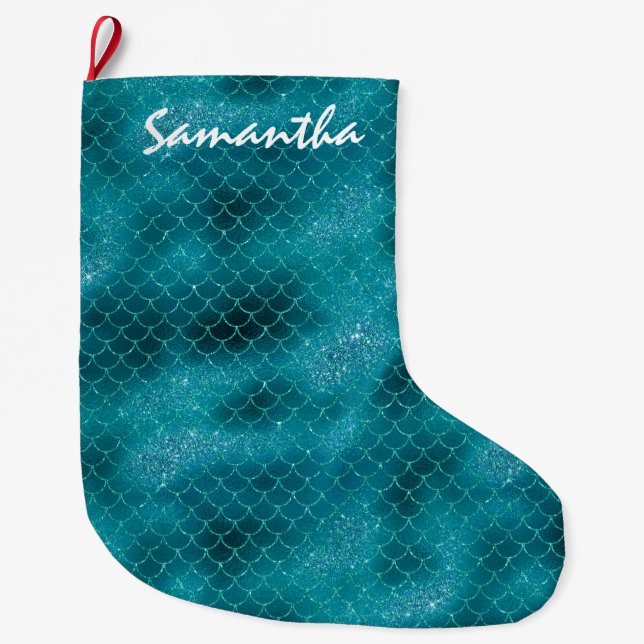 Meia De Natal Grande Sereia Teal Sparkle personalizada (Frente)