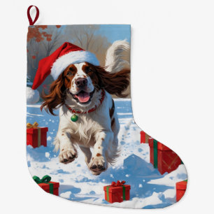 Meia De Natal Grande Setter Inglês Correndo na Neve com Chapéu de Natal